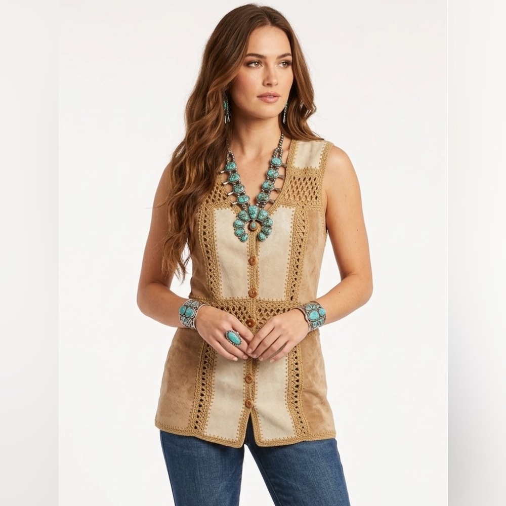 1970’s SUEDE Original Vintage Crochet Button-Up Tan Vest size 34 X-Small